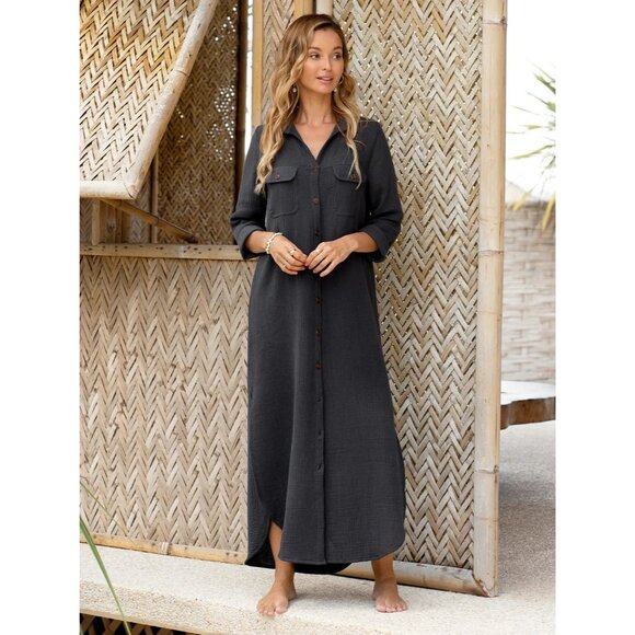 Nomad The Label Midi Dress Womens 16 Valentina Linen Blend Charcoal Button-Down - Picture 1 of 10